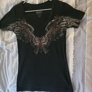 Sinful Winged Heart w/ Revolvers V-neck tee